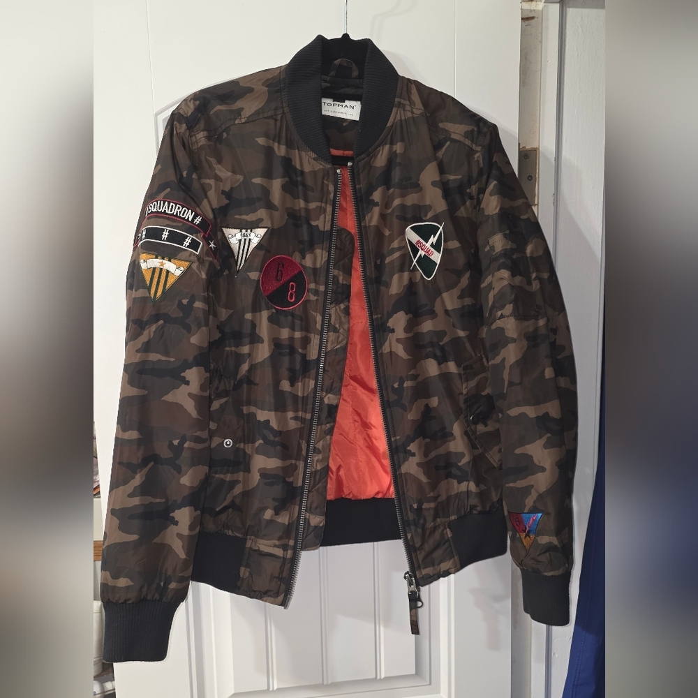 Topman Camo Bomber Jacket with Orange Lining